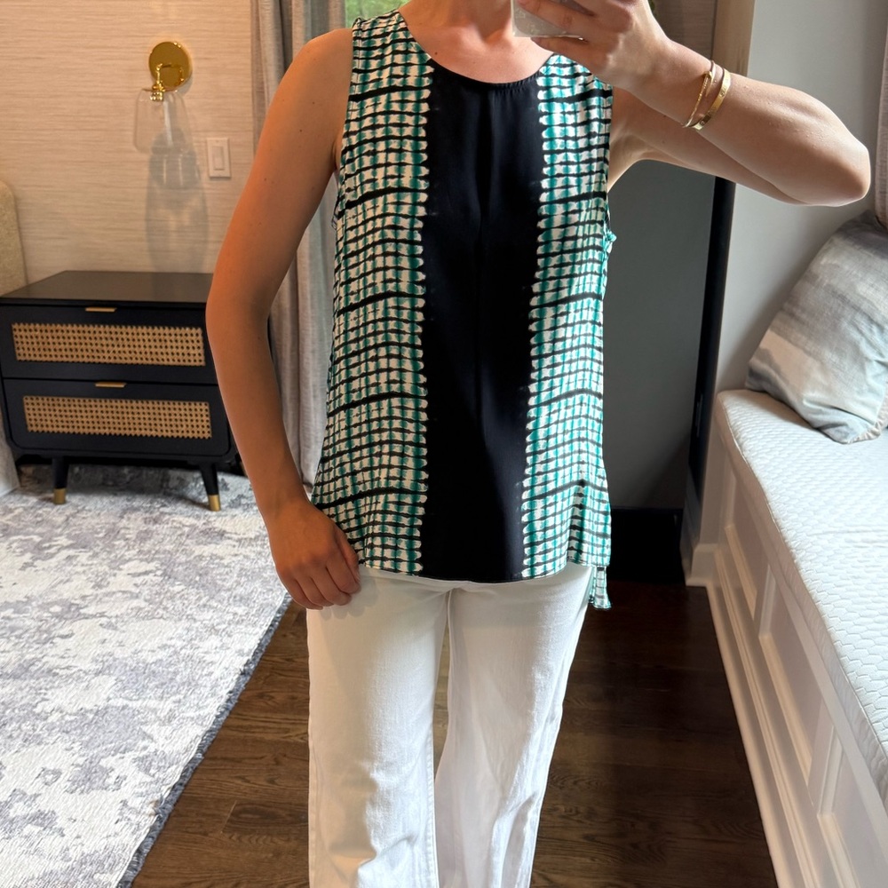 Parker Silk Black and Teal Patterned Sleeveless Top